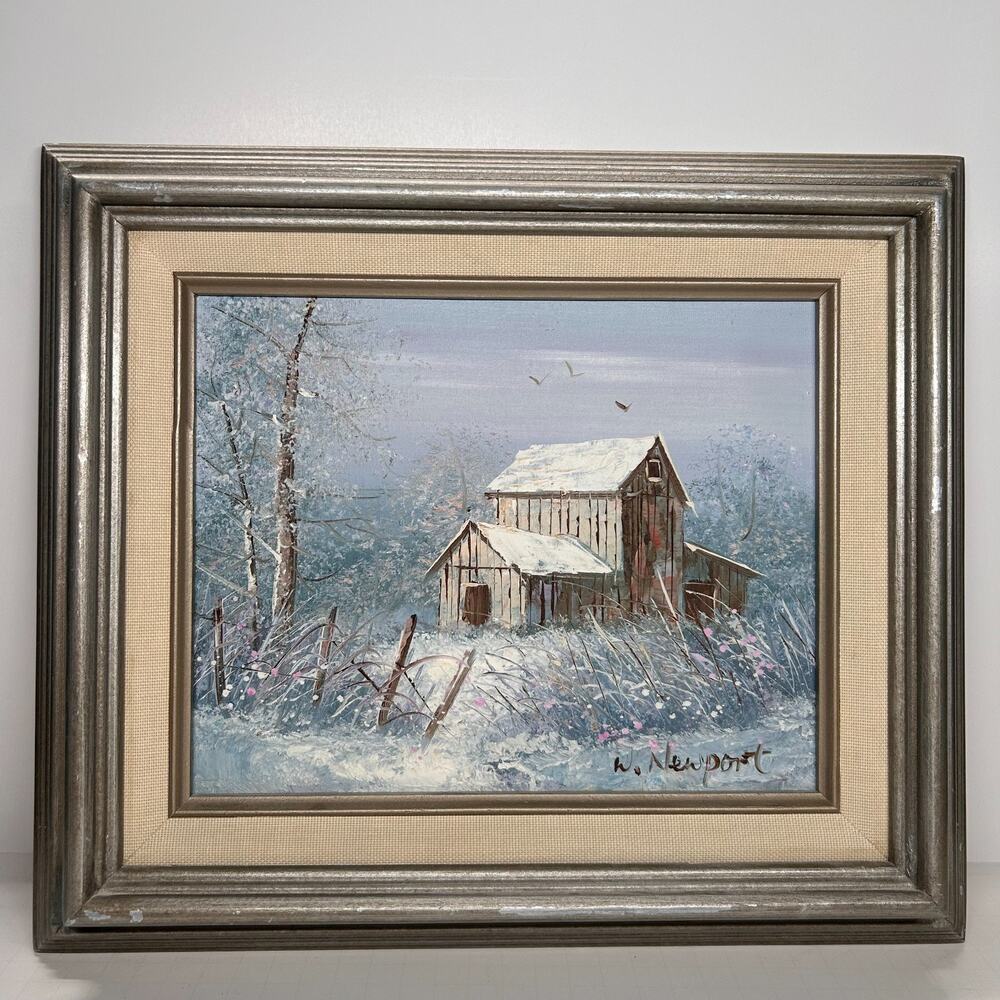 OOAK William Newport Snowscape Barn Painting Oil Canvas Wood/Linen Framed